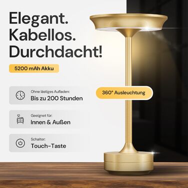 LED настільна лампа Designgold бездротова з акумулятором - стильний дизайн, 3 кольори світла, диммування, для дому та на вулицю, зарядка USB-C (Золота)