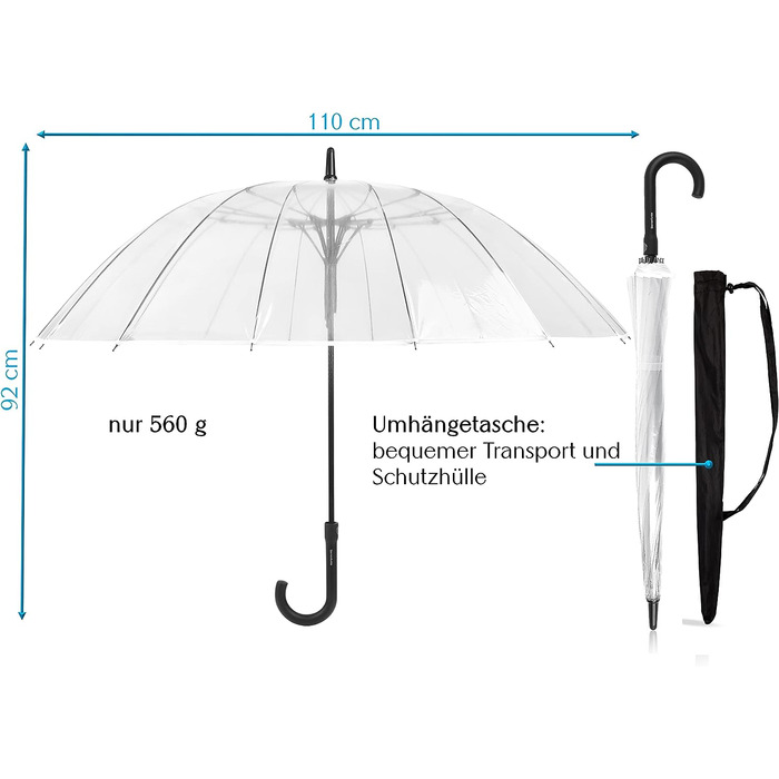 Зоряна іскра парасолька прозора велика XXL Ø110 см 16-ребра комфортна застібка Наскрізний парасольку на весіллі 2 людини Парасолька прозора велика з сумкою для перенесення край білий прозорий Ø110 см - великий - XL
