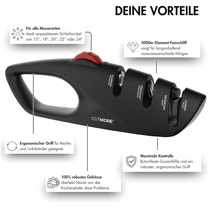 CUTMORE® Точилка для ножів Diamant - Оригінальна 5-в-1 для хлібних ножів, ножиць та ножів – Професійний прецизійний кут – Нековзна, проста, ефективна – Відома у спільноті Hobbykoch (ProSharp)