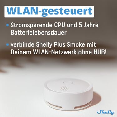 Датчик диму Shelly Plus Smoke - бездротовий, з фотоелектричним сенсором, EN 14604, 5 років роботи від батареї, LED-індикація, сумісність з Alexa та Google Assistant, без хабу