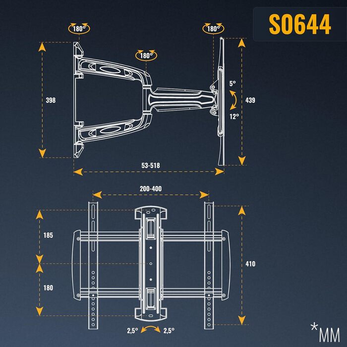 Кріплення для монітора на стіну RICOO S3111: регульований, нахильний, для моніторів 13-34 дюймів, VESA 75x75/100x100 мм