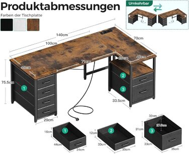 Комп'ютерний стіл Coleshome L-подібний з висувними ящиками з тканини, USB-роз'ємом та розеткою, для дому та офісу (Колір: Коричневий, 140x70 см)