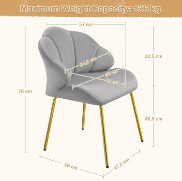 Крісло Yaheetech у формі мушлі, сучасне крісло-вушко, м'яке крісло з металевими ніжками, поліестер, для вітальні/туалетного столика/спальні, комплект, білий/світло-сірий