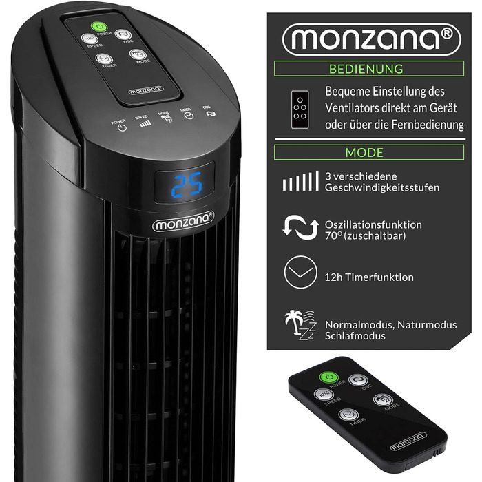 Баштовий вентилятор Monzana 70 з кутом коливання Пульт дистанційного керування 3 налаштування швидкості 84 см Таймер 1-12 годин Освіжувач кімнати Aromabox Функція Turbo Чорний