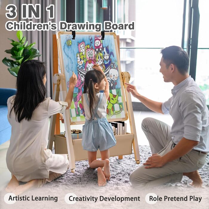 Дитяча мольберт Kinderstaffelei з двома сторонами, металева конструкція, регульована висота, обертається на 360°, дошка для малювання та письма з літерами та цифрами (жовтий)