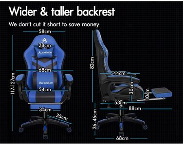 Ігрове крісло ALFORDSON з 8-точковим масажем, RGB LED підсвічуванням, ергономічне, підставки для ніг, підголівник, поперекова подушка (синій/чорний)