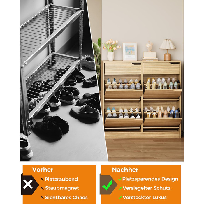 Шкаф для взуття IRONCK з 4 дверцятами, вузький, з 2 висувними ящиками, окремо розташований, з регульованими перегородками, для прихожого, входу та вітальні (білий). Матеріал: дерево. Розміри: 100x23.5x98 см