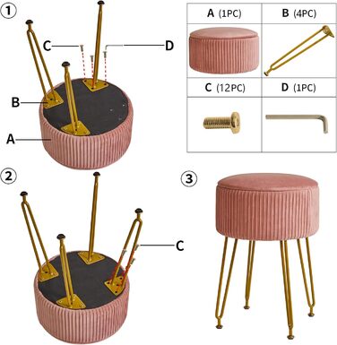 Пуф з відділенням для зберігання IBUYKE, рожевий, з металевими ніжками, знімний чохол