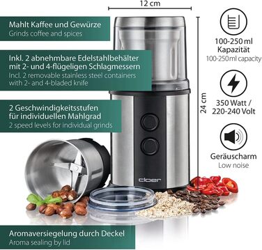 Кавомолка Cloer 7419, 350 Вт, 2 контейнери з нерж. сталі, для спецій, трав, горіхів, до 80 г зерен.