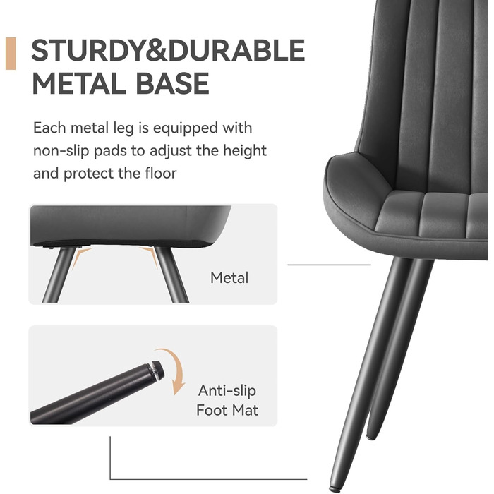 Набір обідніх стільців (6 шт) - сучасний дизайн, м'яке сидіння 10 см, штучний матеріал, металеві ніжки, темно-сірий колір, FU01043BL-2