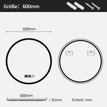 Круглий дзеркало для ванної кімнати Boromal з підсвічуванням, годинником та 3 кольорами світла (60см)