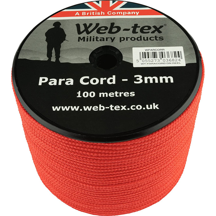 Рулон парашутного шнура Web-tex - товщина 3 мм - Довжина 100 м (Червоний)