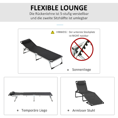 Outsunny Sun Lounger Садовий шезлонг 5-позиційний регульований складний ергономічний з сіткою чорний 170 x 60 x 76 см для відпочинку на свіжому повітрі