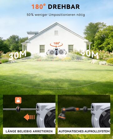 Шланговий барабан SUNPOW настінний 30м для саду, тераси та двору. Автоматичний намотувач, поворотна стіна, 10 функцій розпилення. Діаметр 16 мм.