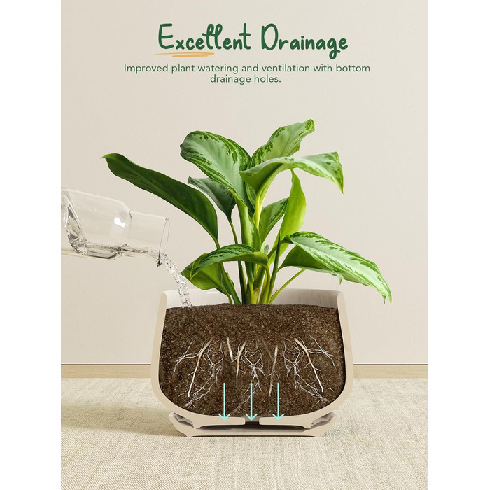 Керамічні горщики LE TAUCI з підставкою, 10+13+16 см, набір 3 шт. для кімнатних рослин, з дренажним отвором, бежева реактивна глазур