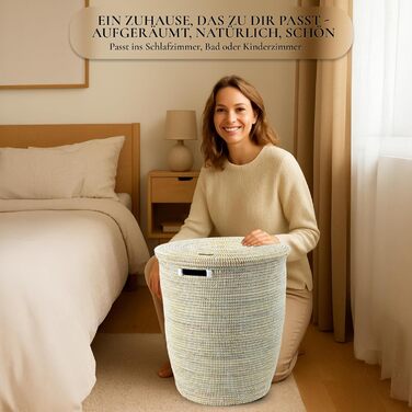 Кошик для білизни з кришкою 80л, плетені, бохо стиль, з ручками, білий, модель Mazama