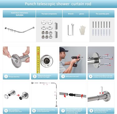 Регульований карниз для душу L-Shower з 18 кільцями, без свердління та стельового кронштейна, нержавіючий (70-100x70-100см)