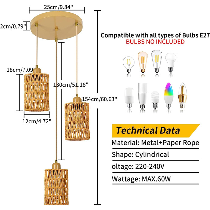 Підвісний світильник з ротанга 3 полум'я, підвісний світильник у стилі бохо E27 для їдальні, кухні, вітальні