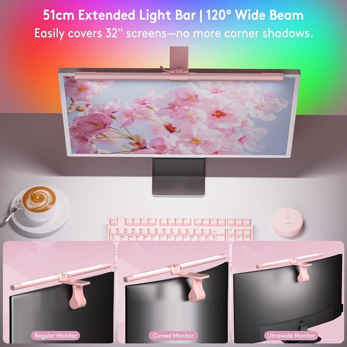 RGB-лампа для монітора Quntis 51 см з підсвічуванням, пультом керування, 15 режимів, для геймінгу, USB, для ПК, офісу