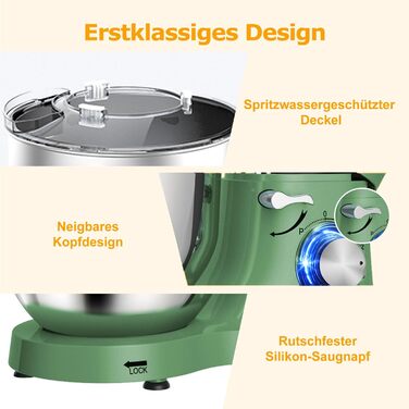 Кухонна машина AUMATE 1400W, 6.2 л, оливковий, з міксером та гаками для тіста