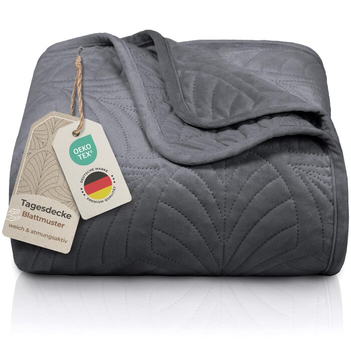 Преміум ковдра-плед Grafensteyn 200x220 см – м'яка, безшовна стежка, дизайн листя, велюрова тканина – для ліжка та дивану (антрацитовий)