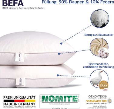 Подушка BEFA NATUR Made in Germany 40х80 см з 90 пухом і 10 пір'ям 1 класу, біла, вага наповнювача 400г. Підходить для алергіків (номіт), Downpass (2 шт. и) (80 х 80 см)