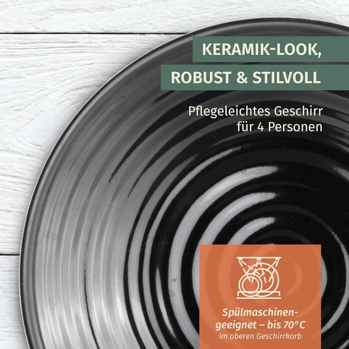 Набір посуду для кемпінгу Melamin Stone на 4 особи (16 предметів): тарілки, чашки, келихи