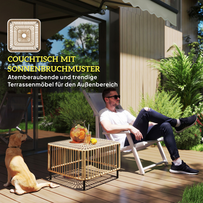 Садовий стіл Outsunny з полі ротанга, 65 x 65 x 43 см, стійкий до погодних умов журнальний стіл Квадратний стіл для патіо зі скляною стільницею Балконний стіл Садові меблі для саду, патіо, балкона з натурального дерева