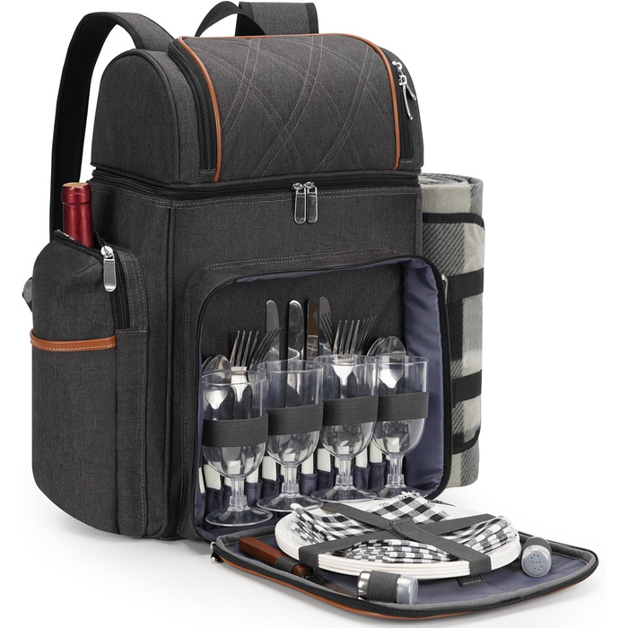 Набір для пікніка на 4 особи: рюкзак, корзина, сумка-холодильник, ковдра, для кемпінгу та парку (колір коричневий)