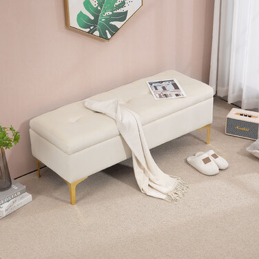 Лавка HOMCOM з м'якою лавкою для зберігання Velvet Look Металеві ніжки Ліжко Лавка для вітальні Спальні Передпокій 120 x 44 x 44.5 см Бежевий