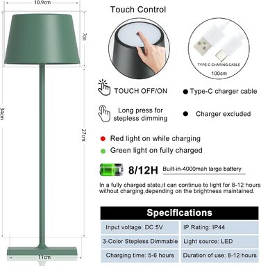 LED-лампа MU LIN Lampada-841: екологічна торшера з алюмінію, торшера на USB, з регулюванням яскравості, для офісу, спальні та вулиці (зелена)