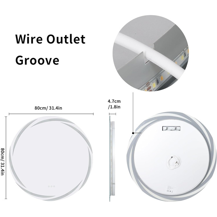 Дзеркало для ванної кімнати LUVODI кругле з підсвічуванням LED, 60 см, 3 кольори світла, регулювання яскравості, антизапарник, енергозберігаюче, для ванної, гостьової кімнати, туалету