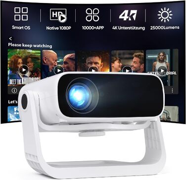 Розумний проєктор Beamer 4K Full HD 1080P, 25000 люмен, Android 11, WiFi 6, BT 5.2, обертовий штатив, для домашнього кінотеатру, сумісний з iOS/Android/Laptops, чорний