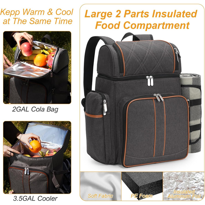 Набір для пікніка на 4 особи: рюкзак, корзина, сумка-холодильник, ковдра, для кемпінгу та парку (колір коричневий)