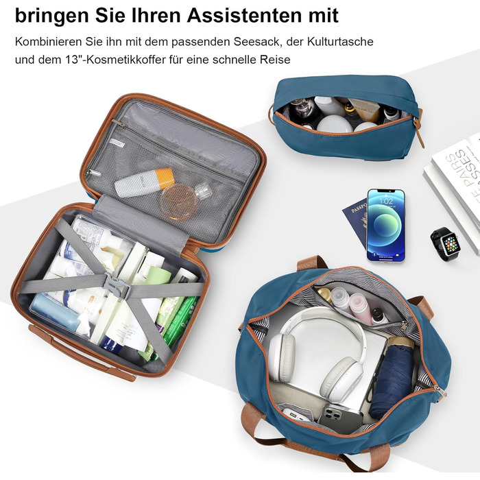 Набір валіз Joyway 6шт з жорстким корпусом, beauty-кейс, косметичка, 4 колеса, TSA-замок, морсько-коричневий (блакитний/коричневий), набір ручної поклажі 4шт