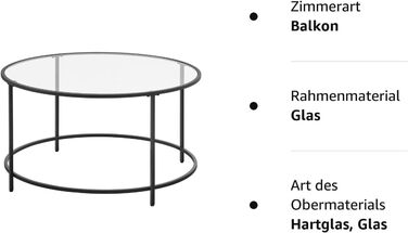 Журнальний столик VASAGLE, скляні меблі для вітальні, сталевий каркас, круглий журнальний столик, LGT21G (чорний)