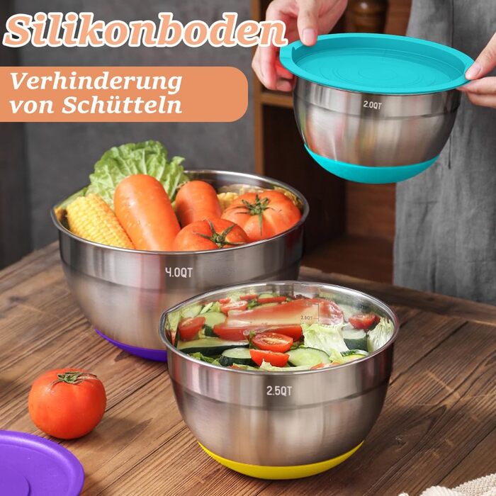 Набір мисок для приготування їжі з нержавіючої сталі (6 шт.) з кришками та силіконовим дном, набір терок, 6.6/3.8/2.4/1.9/1.4/0.6 л - кольорові