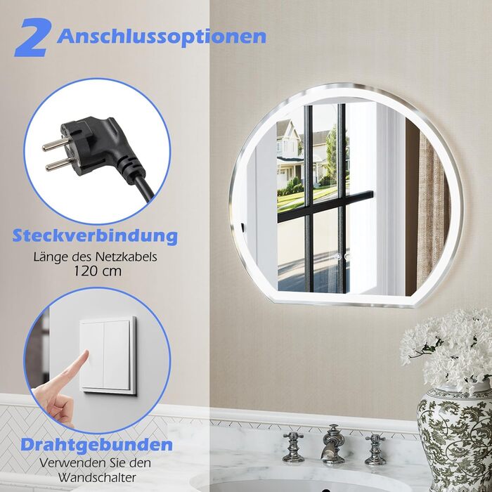 Дзеркало для ванної кімнати RELAX4LIFE з підсвічуванням, настінне напівкругле, 60 x 54 см, LED, сенсорне керування, функція пам'яті, антизапар, 3 кольори світла, регулювання яскравості