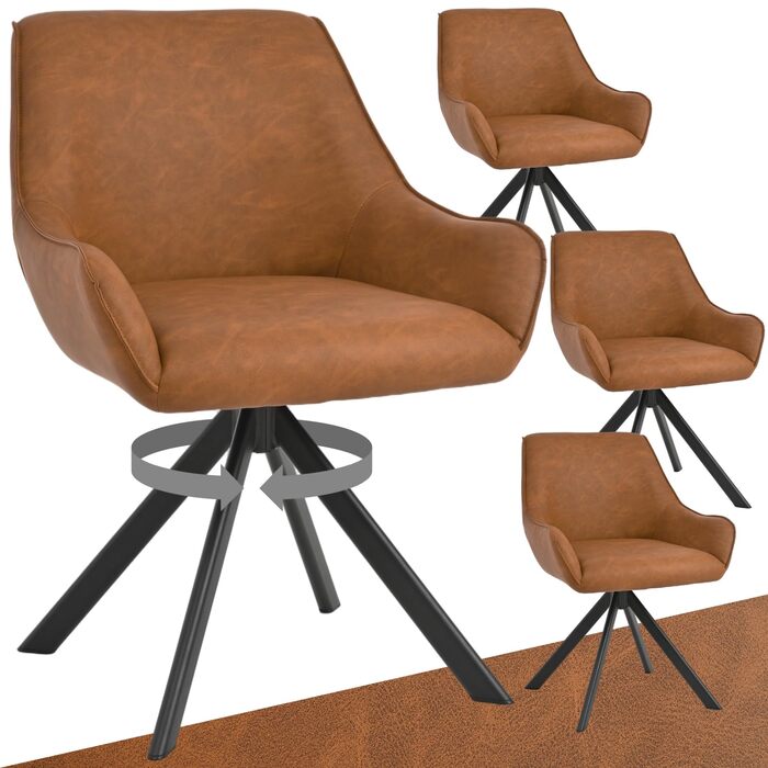 Обідні стільці поворотні, набір 4 шт. з підлокітниками, коричневі. Сучасні стільці для кухні, вітальні, офісу з металевим каркасом та спинкою. Зручні, з м'яким сидінням з льону.