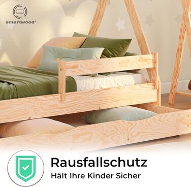 Дерев'яне ліжко-дитяча кімната Smartwood Hausbett Montessori Tipi F з сосни з сертифікатом FSC, захист від падіння, ламелі до 230 кг, для хлопчиків та дівчаток (80x160) з шухлядою