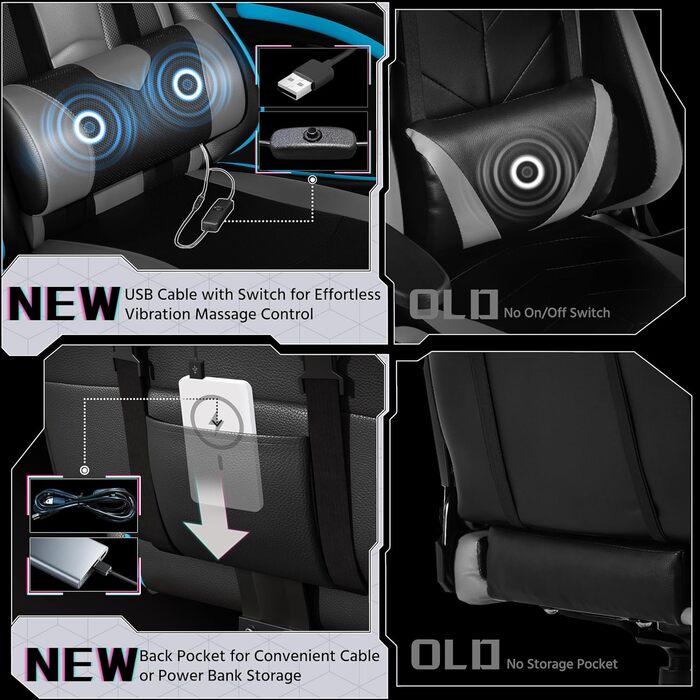 Ігровий крісло Yaheetech з масажем, регульованою спинкою 90-135°, з підніжкою. Білий (Чорний/Сірий)