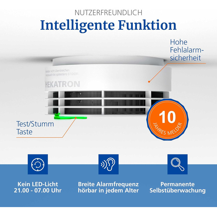Датчик диму Hekatron Genius Plus з батареєю на 10 років – Тест-переможець Stiftung Warentest – Зроблено в Німеччині – з клейкою підкладкою – з підтримкою додатку – 1 шт.