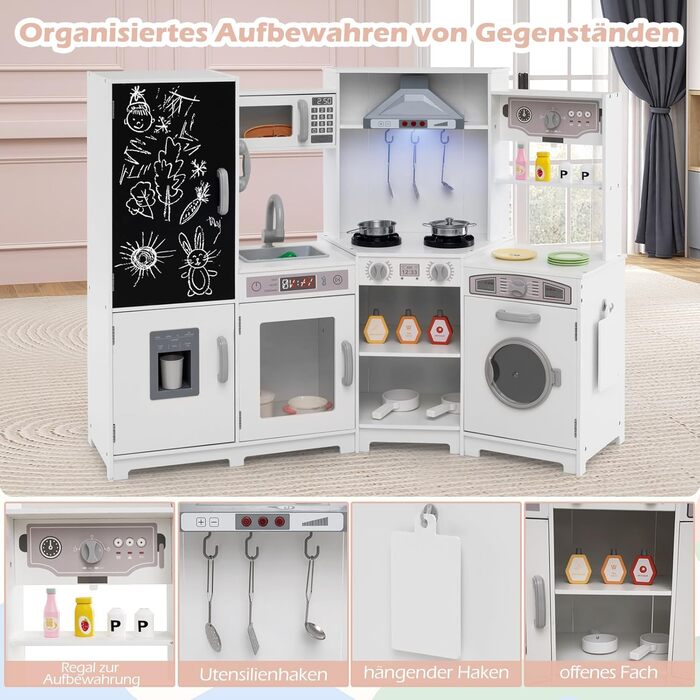 Детська дерев'яна кухня COSTWAY з підсвіткою та звуком, кутова кухня з табло, мікрохвильовою піччю, раковиною, духовкою та місцем для зберігання, з аксесуарами, іграшкова кухня для дітей від 3 років (біла)