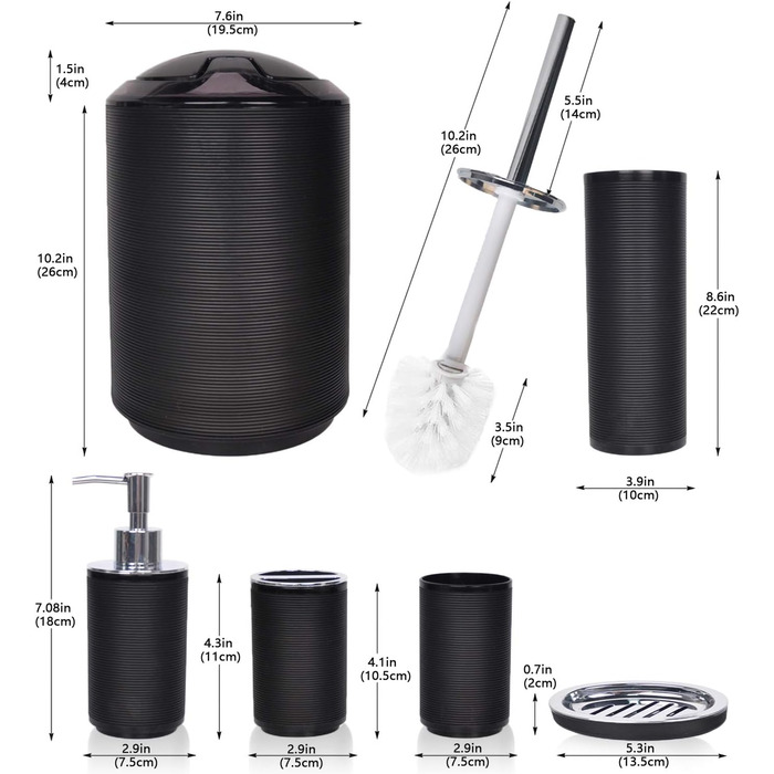 CERBIOR Набір аксесуарів для ванної кімнати, 6 шт. (дозатор для мила, тримач для зубних щіток, стакан для щіток, мильниця) чорний