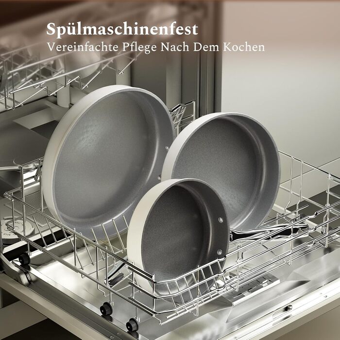 Набір сковорідок Koch Kode: керамічні сковороди 20, 24, 28 см з нержавіючою ручкою, індукційне дно, без PTFE та PFOA, придатні для миття в посудомийній машині та випікання, бежевий колір