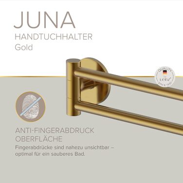 Тримач для рушників Lenz Juna, золото, 40 см, 2 поворотні руки, антифлерофільне покриття, монтаж на стіну (клей/свердління)