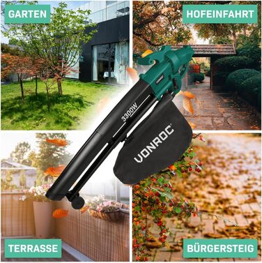 Електричний повітродув-пилосос VONROC 3300W 3-в-1 з функцією подрібнення листя та мішком для збору 40л