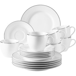 Порцеляновий професійний набір обідніх тарілок із 12 предметів для 6 осіб у білому кольорі (срібний обідок, кавовий сервіз), 931533