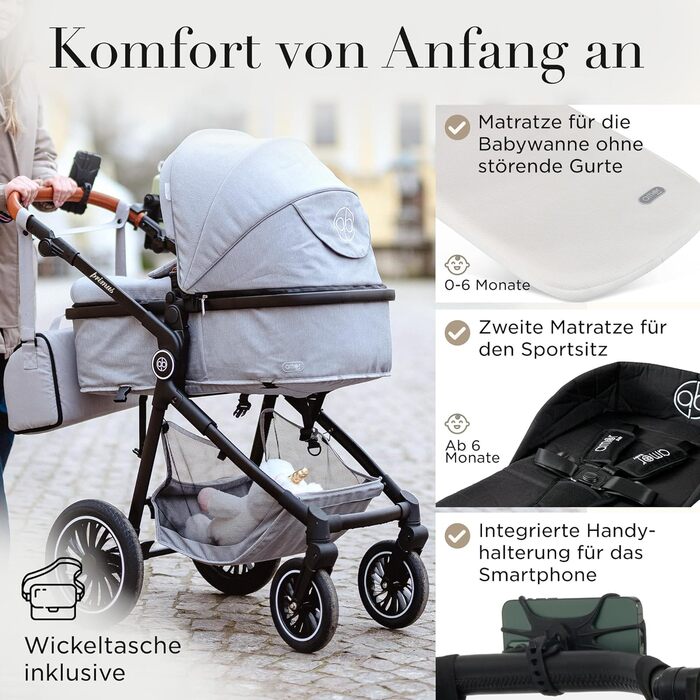 Дитяча коляска 3 в 1 з автокріслом та люлькою | Коляска для новонароджених з 5-точковим ременем безпеки | Кольори: світло-оливковий та світло-сірий без Isofix