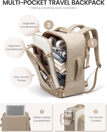 Чоловічий/Жіночий рюкзак OVEVOOK для ручної поклажі в літак, 40л, великий дорожній рюкзак-валіза з відділенням для ноутбука, водонепроникний, для подорожей, ділових поїздок, вихідних (L, Хакі-беж)